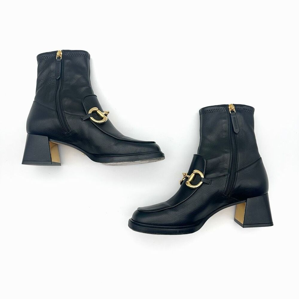 GUCCI Baby Bit Black Leather Boot Size 37 Mid Heel Bootie Square Toe Horsebit - Picture 9 of 12